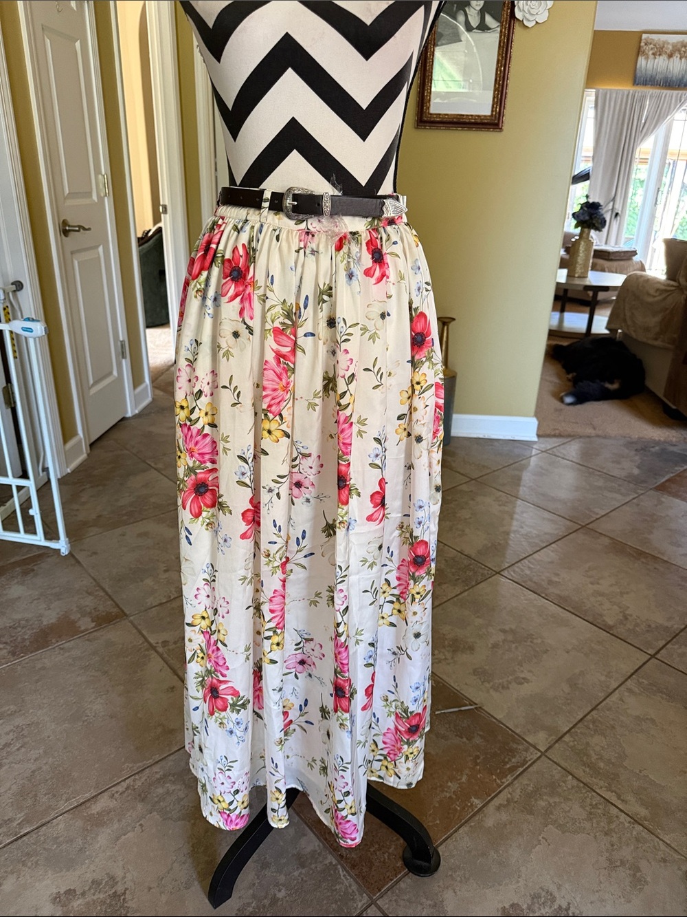 Avec Les Filles Cream Midi Skirt with Pink & Yellow Floral Print